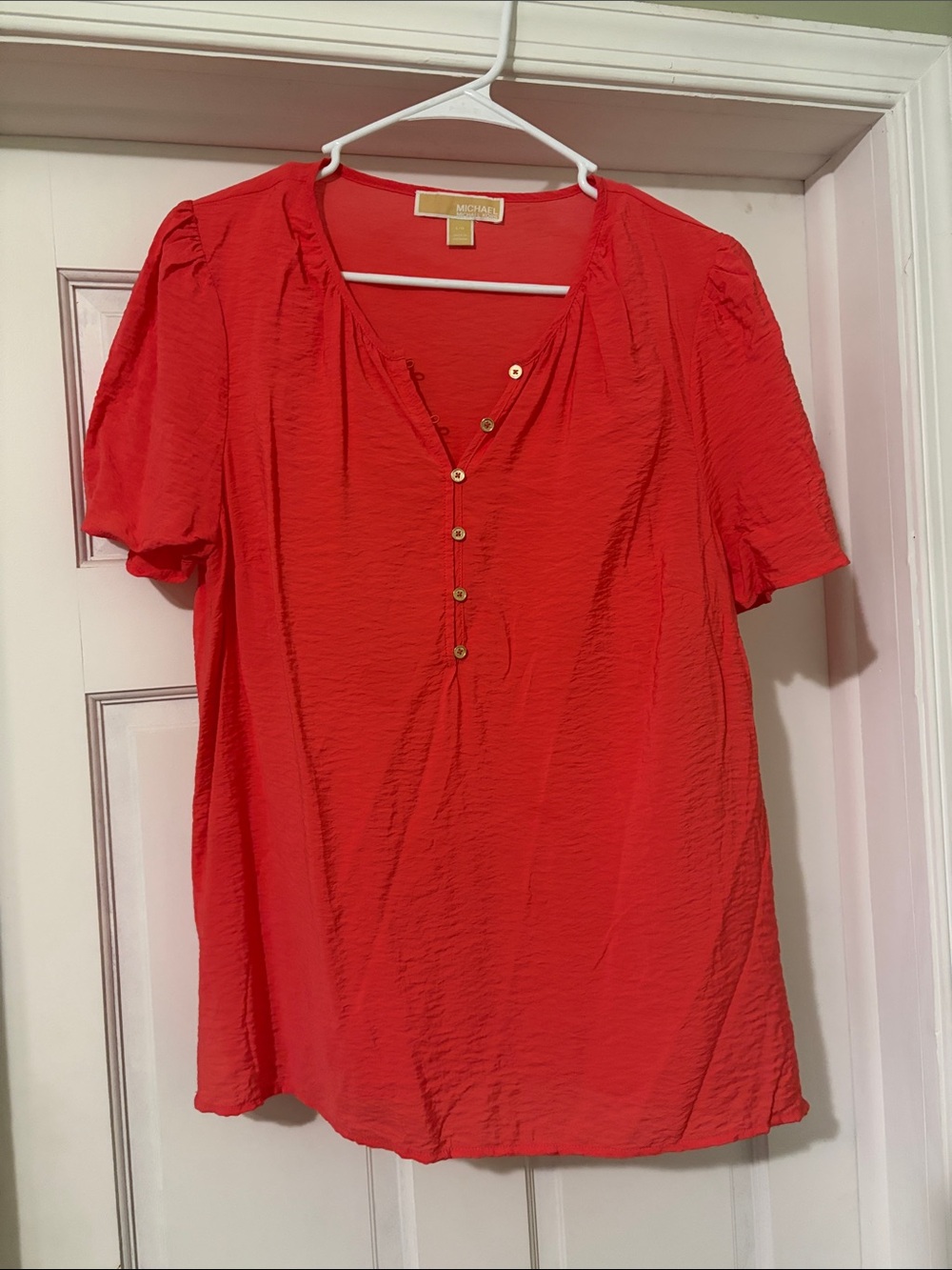Michael Kors Vibrant Pink Short Sleeve Button V-Neck Blouse